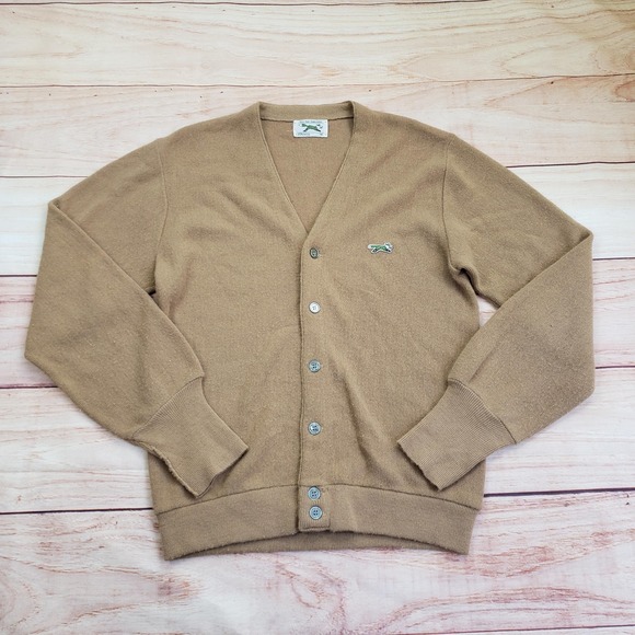 Vintage JCPenney The Fox Sweater Mens Medium Tan Cardigan Wool Button Up 70s 80s - Picture 1 of 10